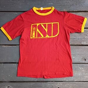 Iowa State University Vintage Womens Ringer Red Yellow T-Shirt Size S Thrashed
